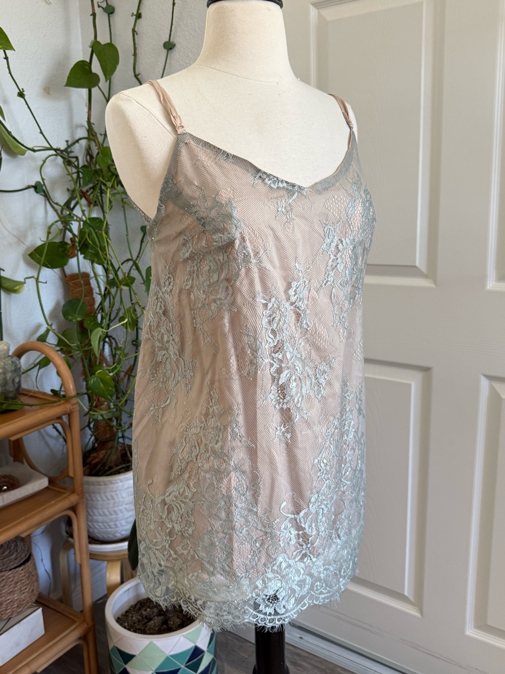 Sheer Lace Slip Cami with Spaghetti Straps in Dusty Rose and Slate Grey